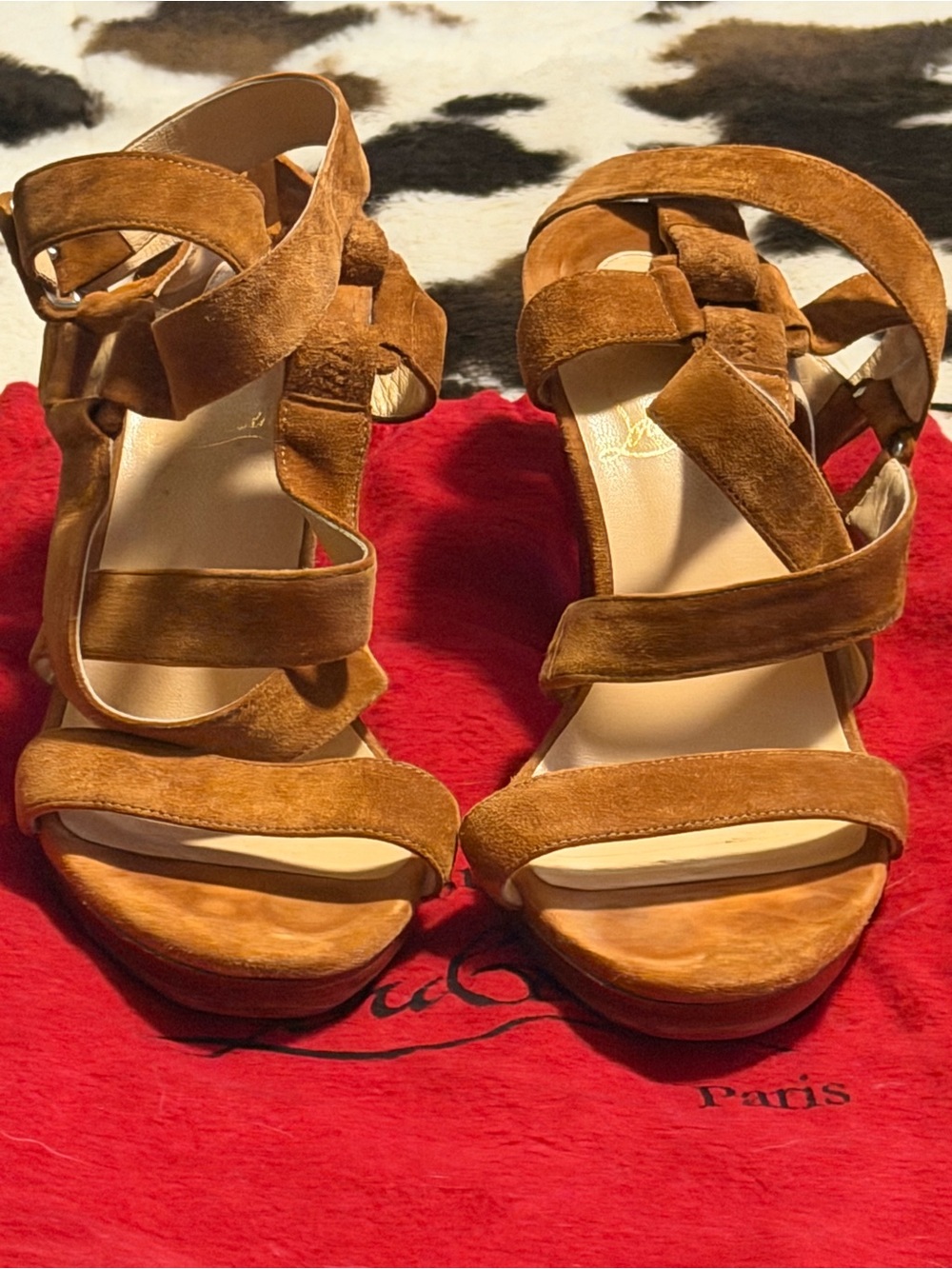 Christian Louboutin Tan Suede Strappy Platform Heels